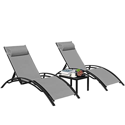 3Pcs Sun Lounger Recliner Set Aluminum Chaise Lounges,Reclining Chair with 5 Adjustable Backrest, Head Cushion, Table for Garden (Color : A, Size : On