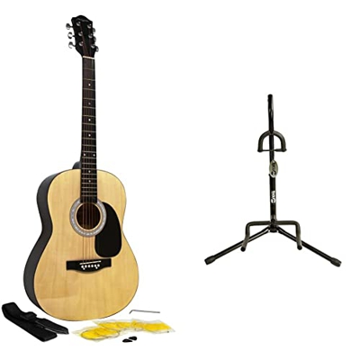Martin Smith Chitarra acustica con corde, plettri e tracolla per chitarra, Naturale & Rockjam Universal Portable Guitar Guitar Stand per chitarra acus