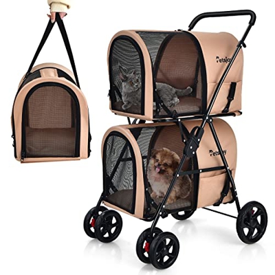 COSTWAY Passeggino per Animali Domestici, Carrello Multifunzionale 4 in 1 a Doppio Livello, Passeggino Pieghevole Smontabile con 4 Ruote, Ideale per P
