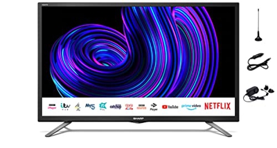 Sharp Smart TV LED 24" 12V/24V per Caravan, Camper, Barca, Camion, Freeview Play, Streaming WiFi, Satellite HD, Saorview, Netflix Prime, HDMI, USB Mai