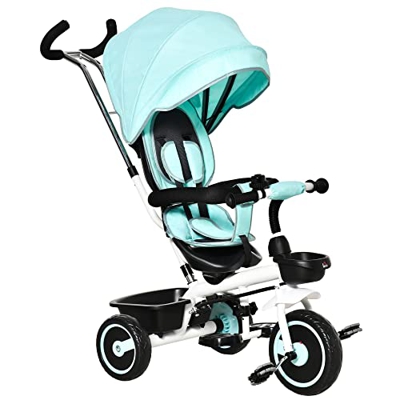 HOMCOM Triciclo per Bambini Reversibile con Maniglione, Tettuccio e Barra Rimovibili Poggiapiedi Pieghevole, Età 1-5 Anni, Verde