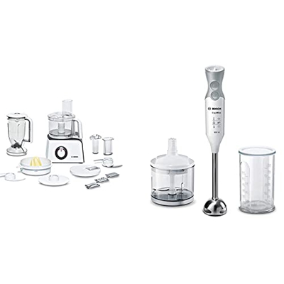 Bosch Elettrodomestici MCM4100 Robot da Cucina, 800 W, 1.21 Litri, Plastica, 2 velocità, Bianco & ErgomMixx Mixer a Immersione, Frullatore, 600 W, 70 