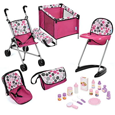 Hauck Set per Bambole 21 Pezzi Uno Mini con Passeggino, Lettino, Seggiolone Pappa, Ovetto, Borsa Fasciatoio, Accessori, Pink Dots, Rosa (964099)