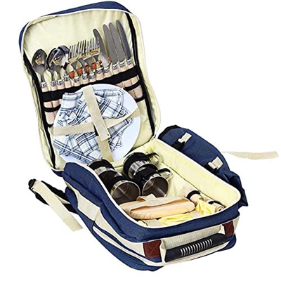 Picnic Backpack for 4 People Picnic Cutlery Set Portable Picnic Bag for Family Outdoors Hiking Camping Barbecuing Green (Blue)