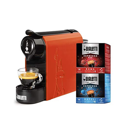 Bialetti Gioia, Macchina da Caffè Espresso per Capsule in Alluminio sistema Bialetti il Caffè d'Italia, Supercompatta, Arancione + 32 CAPSULE