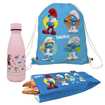 NERTHUS FIH 1078 Set Zaino + Borsa Spuntino + Bottiglia Doppia Parete 500 ml Puffi