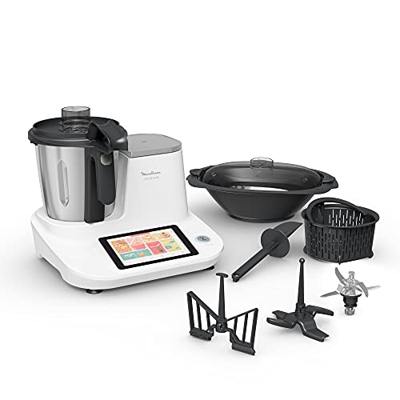 Moulinex HF5061 Robot da Cucina Multifunzione, 600 Ricette Integrate, 10 programmi Automatici, Ghisa, Bianco