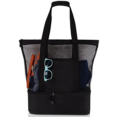 GANMEI Borsa da picnic Borsa da spiaggia a doppio strato in rete da spiaggia Borsa da picnic Borsa da ghiaccio Borsa isolante nera