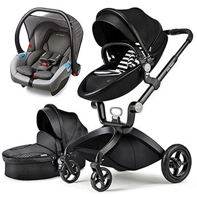 Hot Mom Passeggino trio,3in1/2in1,Neonati Carrozzina,0-25 kg,Alto campo visivo (nero, 3in1)
