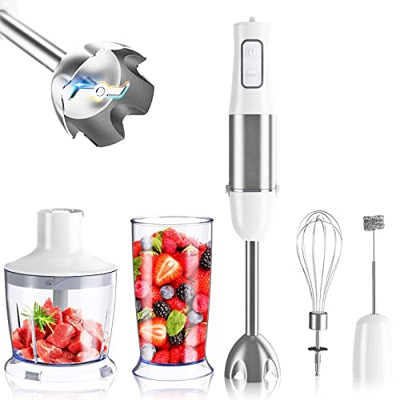 Frullatore ad Immersione， 5 in1 Frullatore a Lmmersione Mixer con Tecnologia 6 Velocità, 5 Accessori, Tritatutto e Frusta, Lame in Acciaio Inossidabil