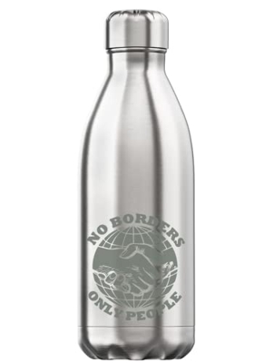 No Borders Only People Handshake World Graphic Bottiglia d'Acqua Termica isolata sottovuoto Argento