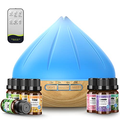 Diffusore di Oli Essenziali 500ml, Diffusore di Aromi Umidificatore da con Set di 8 Oli Essenziali Puri, 7 Colori LED e 4 Timer, Aromaterapia Diffusor