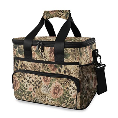 Borsa termica termica con motivo leopardato con fiori di rosa, 15 l, borsa termica portatile a tenuta stagna, con manico a spalla, per esterni, viaggi