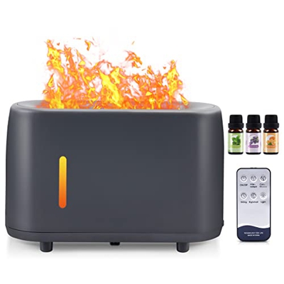 UBEGOOD Diffusore di Oli Essenziali con Effetto Fiamma, 240ml Ultrasuoni Umidificatore 3 Timer e 7 Colori LED, Aromaterapia Diffusore con 3 Oli Essenz