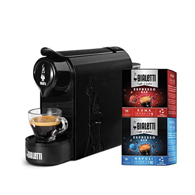 Bialetti Gioia, Macchina da Caffè Espresso per Capsule in Alluminio sistema Bialetti il Caffè d'Italia, Supercompatta, Nero + 32 CAPSULE