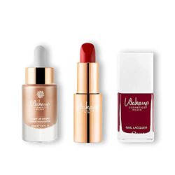 Wakeup Cosmetics - Kit 3 prodotti - 1x Illuminante Liquido (Gold Champagne), 1x Rossetto Cremoso (Perfect Ruby), 1x Smalto per Unghie (Cannelle) en oferta