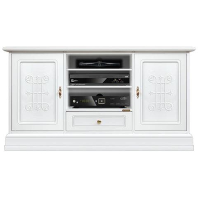 Mobile Tv Bianco Laccato Con Due Ante Decorate. L: 133 - H 70.5 Cm