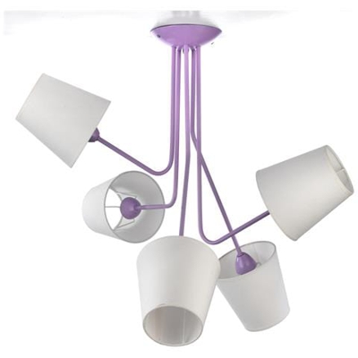 Plafoniera 5 Luci In Metallo Laccato Viola Con Paralumi In Tessuto Bianco