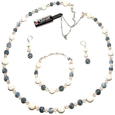 Set Di Gioielli Ganelli Con Gemme Semipreziose Howlite, Agate Crackle - Lunga Collana, Bracciale, Orecchini