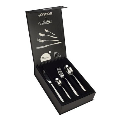 Serie Berlin - Pacco Regalo Set Di Posate 24 Pezzi (6 Coltelli + 12 Cucchiaio + 6 Forchetta) - Monoblocco Unipezzo Colore Argento