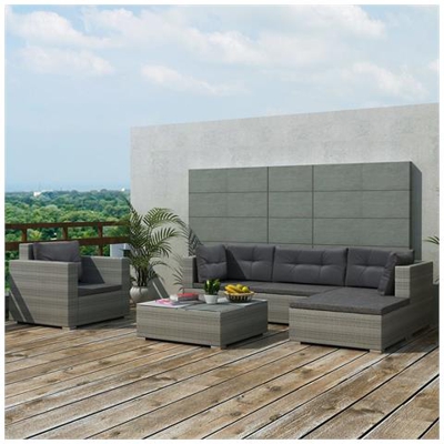Set 6 Pz Divano Da Giardino In Polirattan Grigio