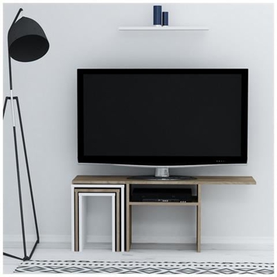 Mobile Porta Tv Peri Con Tavolino Da Caffè, Ante, Ripiani, Da Soggiorno, Bianco, Noce In Legno, 120,6 X 29,5 X 49 Cm