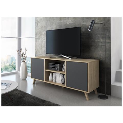 Mobile Tv 140 A 2 Porte, Soggiorno, Modello Wind, Struttura Colore Puccini, Porte Colore Grigio Antracite, Misure 140x40x57cm Di Altezza.