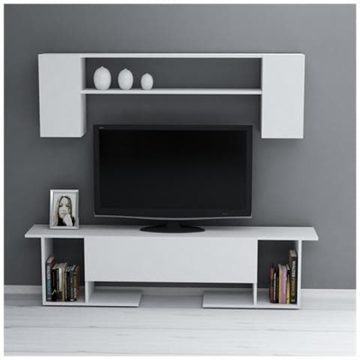 Mobile Porta Tv Kaan Con Tavolino Da Caffè, Ante, Ripiani, Da Soggiorno, Bianco In Legno, 180 X 31,5 X 45 Cm