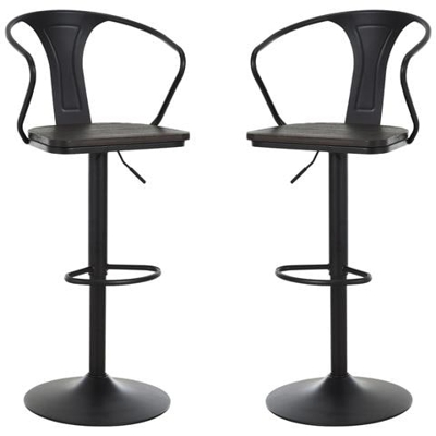 Set 2 Sgabelli Da Bar Girevoli In Acciaio Nero E Legno Con Altezza Regolabile