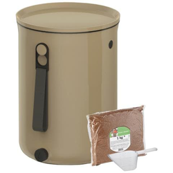 Skaza Bokashi Organko 2 | Recipiente Da Cucina Pluripremiato Composto Da Plastica Riciclata | 9.6 L | Set Iniziale Per Rifiuti Di Cucina E Compostaggio | Con Em Aspersione 1 Kg | Marrone Beige características