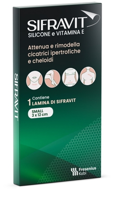 PLACCA IN SILICONE E VITAMINA E SIFRAVIT DIMENSIONI 3X12CM. INDICATA NEL TRATTAMENTO DI CHELOIDI E CICATRICI IPERTROFICHE CONSEGUENTI AD INTERVENTI CHIRURGICI USTIONI E FERITE