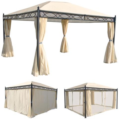 Gazebo Pergola Baldacchino Cadice Acciaio Poliestere ~ 4x3m Avorio Con Tende E Zanzariere