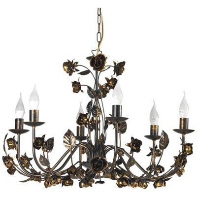 Lampadario 6 Luci In Metallo Avorio Spennellato Oro Decorato Con Rose