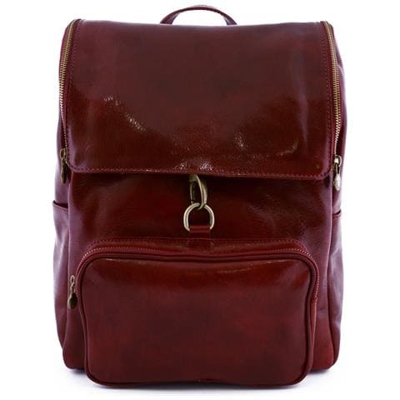 Zaino In Pelle Vera, Chisura Con Zip E Moschettone Colore Rosso - Pelletteria Toscana Made In Italy - Zaino