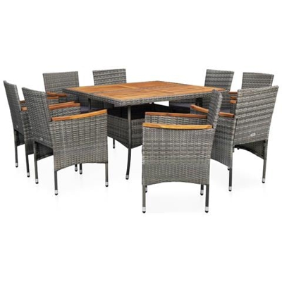 Set Pranzo Da Giardino 9 Pz Grigio Polyrattan E Legno D'acacia