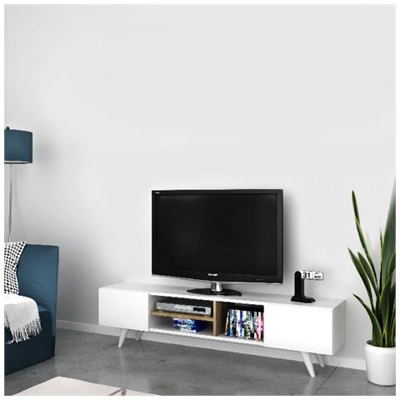 Mobile Porta Tv Dore Moderno, Con Ante, Ripiani, Da Salotto, Bianco, Noce In Legno, 160 X 29,7 X 40,6 Cm