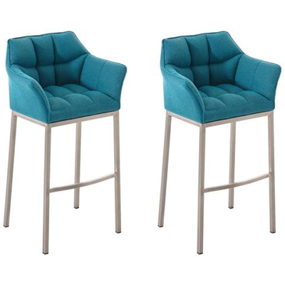 Set 2 Sgabelli Bar DAMASO - Sgabello Alto Design Trapuntato in Tessuto, con Braccioli e Schienale Imbottiti e Poggiapiedi l Sedia Sgabello Cucina Bar Pub 4 Gambe Turchese Acciaio Inox