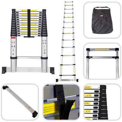 Scala Telescopica, Scala Pieghevole, 3,8 Metri, Borsa Per Trasporto Gratis, Barra Stabilizzatrice, En 131, Carico Massimo: 150 Kg