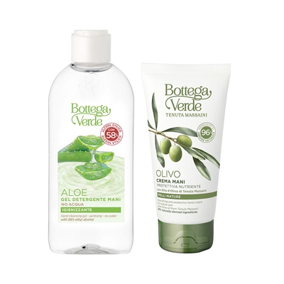 Offerta ALOE - Gel detergente mani (100 ml) - NO ACQUA + OLIVO - Crema mani (75 ml)