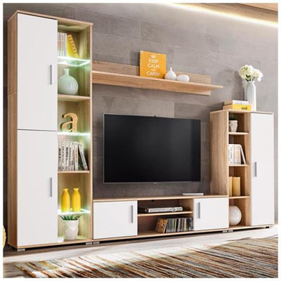 Parete Attrezzata Porta Tv Luci Led Quercia Di Sonoma E Bianco
