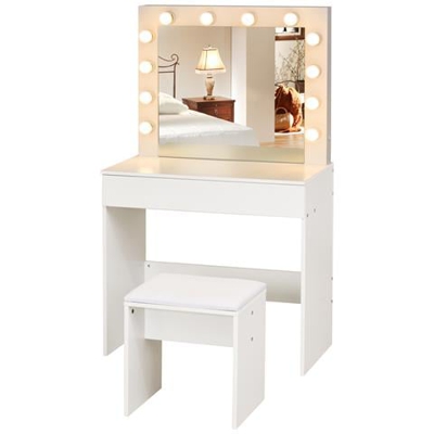 Tavolo Da Trucco Con Sgabello Imbottito Specchio 12 Led Ampio Cassetto Bianco