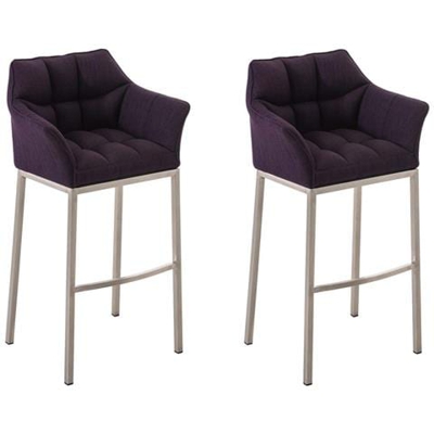 Set 2 Sgabelli Bar DAMASO - Sgabello Alto Design Trapuntato in Tessuto, con Braccioli e Schienale Imbottiti e Poggiapiedi l Sedia Sgabello Cucina Bar Pub 4 Gambe Viola Acciaio Inox