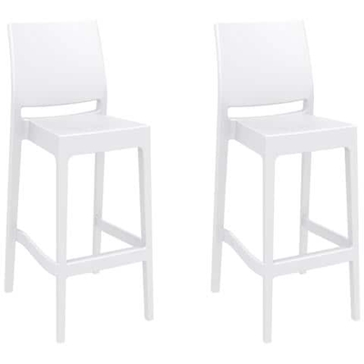 Set 2 Sgabelli Bar Maya Impilabili In Polipropilene - Coppia Sedie Sgabello Alte Outdoor Con Schienale Bancone H75CM con Poggiapiedi Bianco