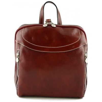 Zaino In Pelle Vera Con Tasche Frontali Colore Rosso - Pelletteria Toscana Made In Italy - Zaino