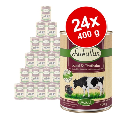 Set risparmio! Lukullus Adult 24 x 400 g - Mix 5 (5 gusti): Pollame, Lepre, Coniglio, Cuori Tacchino, Manzo