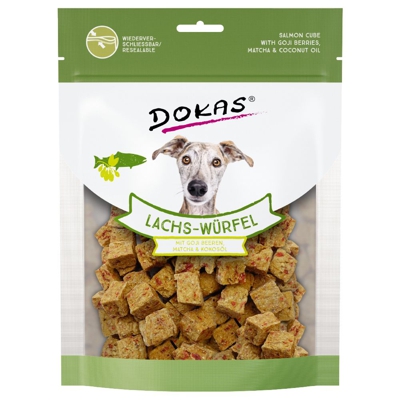 Dokas Cubetti snack - Set %: 2 x 150 g Salmone con bacche di goji, matcha e olio di cocco