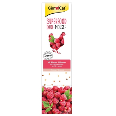 GimCat Superfood Duo-Mousse 10 x 21 g - con Pollo, Lamponi e Semi di Canapa