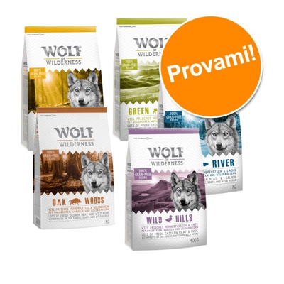 Set prova misto Wolf of Wilderness Adult - 3 x 1 kg: Blue River Salmone, Wild Hills Anatra, Green Fields Agnello