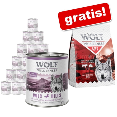 24 x 800 g Wolf of Wilderness + 1 kg Soft - High Valley Manzo gratis! - Adult Wild Hills - Anatra