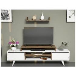 Mobile Porta Tv Melis Moderno Da Parete, Con Ante, Mensola, Ripiani, Da Salotto, Bianco, Noce In Legno, 160 X 29,7 X 38,6 Cm características